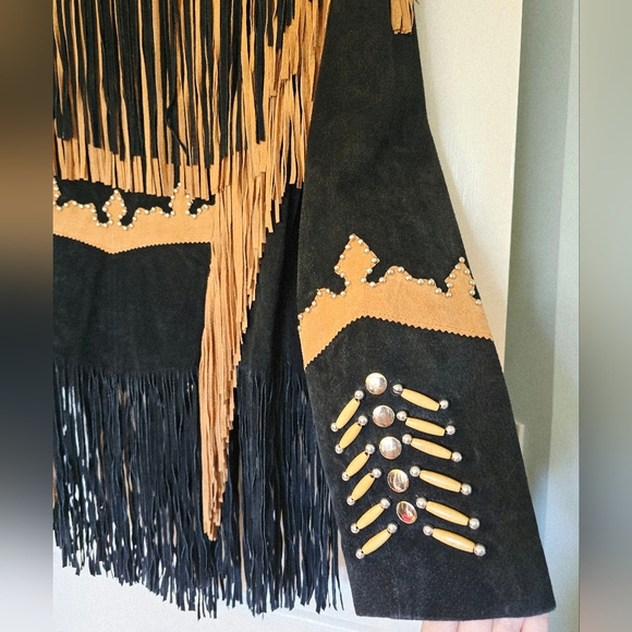 3B West vintage Fringe leather jacket Bone Bead Studs DD Western Wear Size Large - Picture 11 of 13
